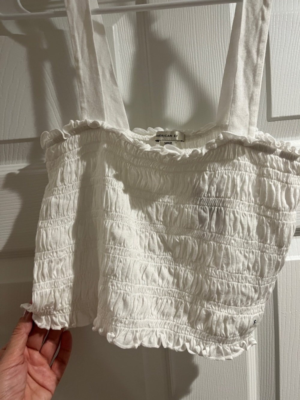 American Eagle Outfitters White Smocked Ruffle Crop Tank